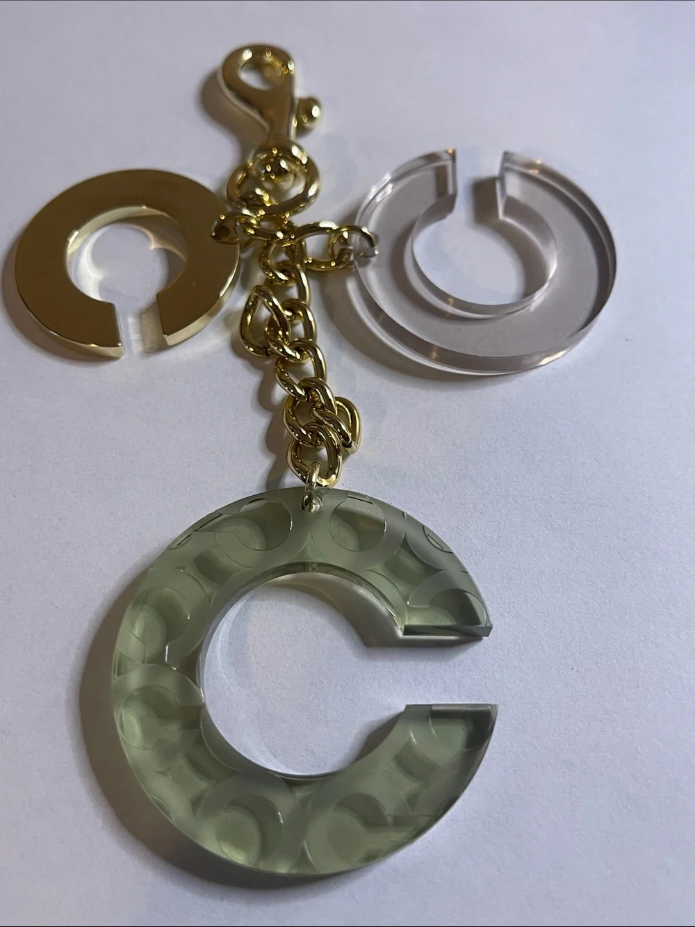 Coach Acrylic 'C' Charm Keychain with Gold Chain - Olive Green
